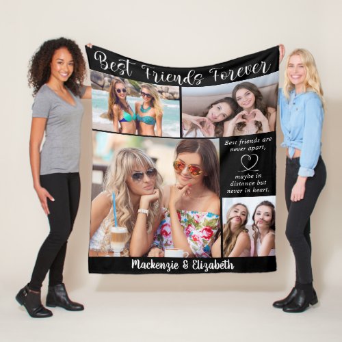 Best Friends Forever Script Saying 5 Photos Black Fleece Blanket