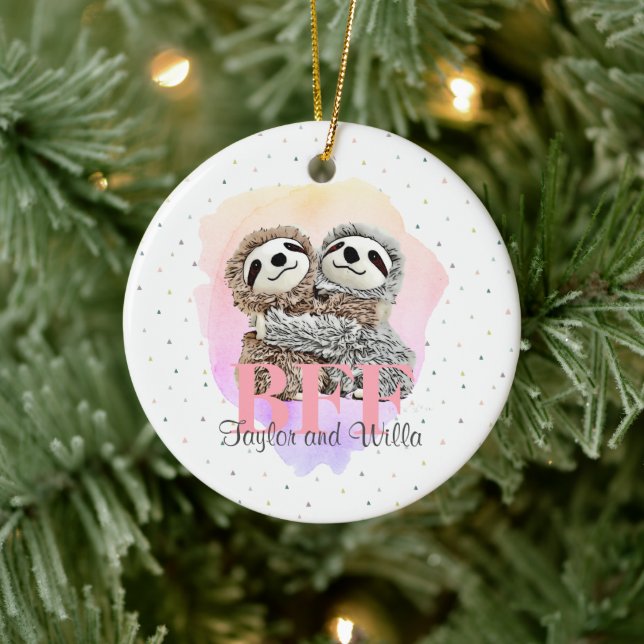 Best Friends Forever Sloth Hugs Monogram Christmas Ceramic Ornament (Tree)