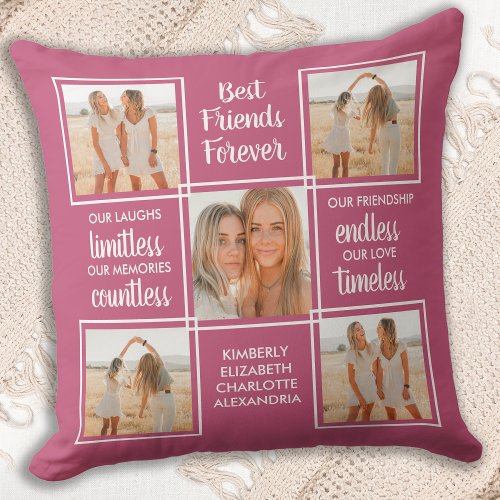 Best Friends Forever Stylish 5 Photo Collage Pink Throw Pillow