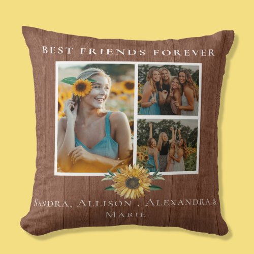 Best Friends Forever Sunflower 3 Photo Collage Throw Pillow