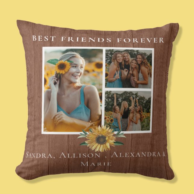 Best Friends Forever Sunflower 3 Photo Collage Throw Pillow (Creator Uploaded)