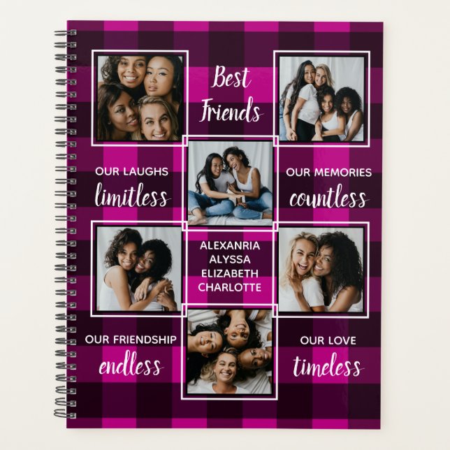Best Friends Friendship Gift Pink Plaid 6 Photo Planner (Front)