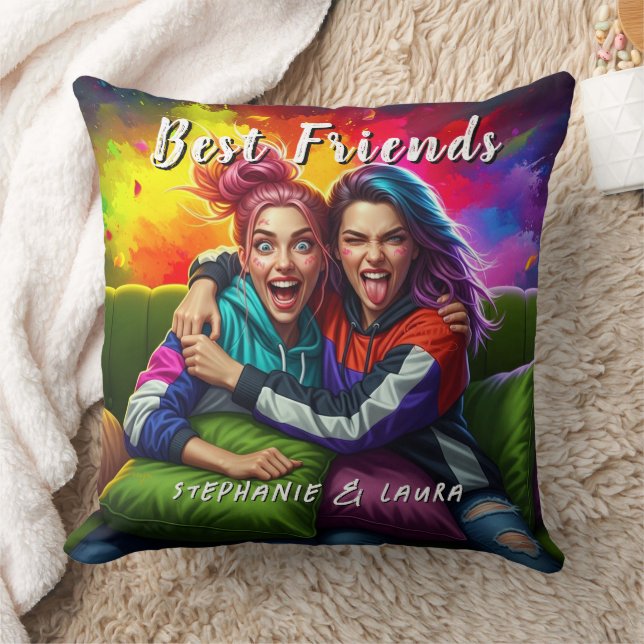 Best Friends Funny Colorful Throw Pillow (Blanket)
