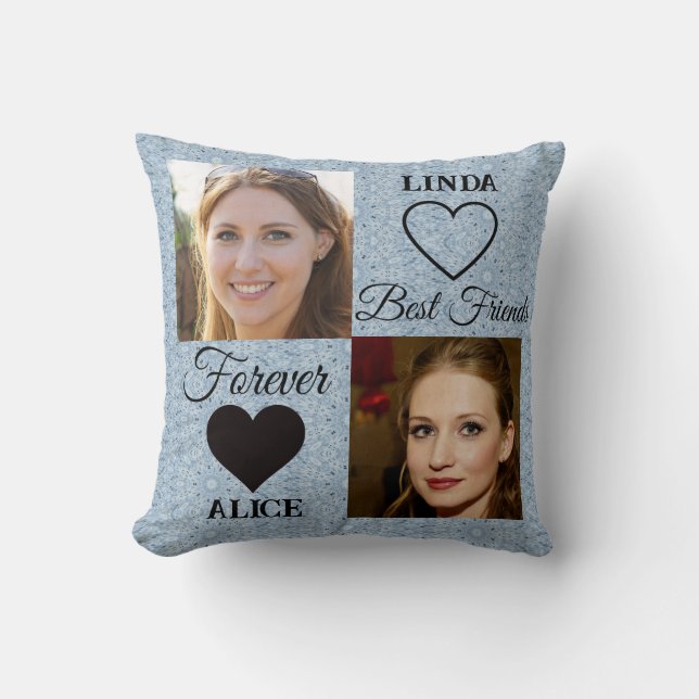 Best Friends Gift Blue Heart Photo Collage Throw Pillow (Front)