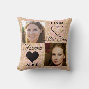 Best Friends Gift Gold Pink Heart Photo Collage Throw Pillow