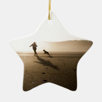Best Friends Girl And Dog On Beach Ceramic Ornament by Paws_At_Peace at Zazzle