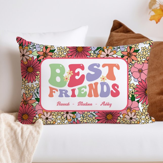 Best Friends Groovy Retro Flowers Lumbar Pillow (Creator Uploaded)