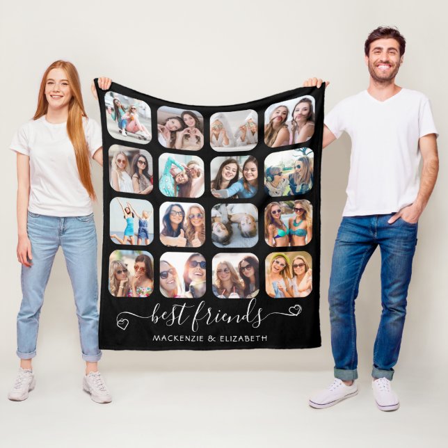 Best Friends Handwritten Script Hearts 16 Photo Fl Fleece Blanket (In Situ)