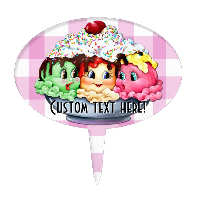 Best Friends Ice Cream Sundae! Hand painted. Pink. Cake Topper (Front)