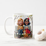 Best Friends Ladies Drinking Coffee Cat Quote Coffee Mug<br><div class="desc">Original art by ©Gifts_AtTheCorner 2025 ©mjm2025 Enjoy your favorite beverage in style with our Quote Coffee Mug, featuring a charming design of two women sitting on a bench with a cat. This delightful mug not only serves as a functional piece for your morning coffee or afternoon tea but also adds...</div>