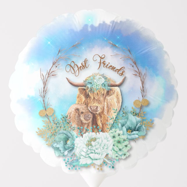 Best Friends Mom Baby Highland Cows Floral Balloon (Front)
