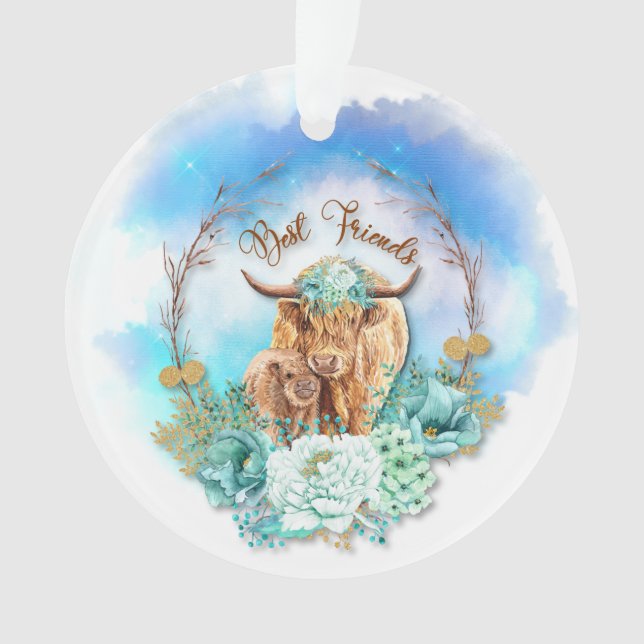 Best Friends Mom Baby Highland Cows Floral  Ornament (Front)