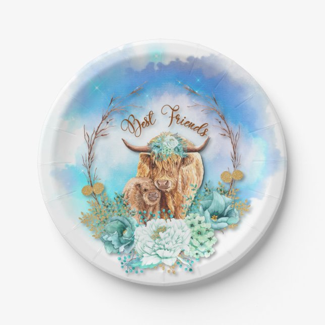 Best Friends Mom Baby Highland Cows Floral Paper Plates (Front)