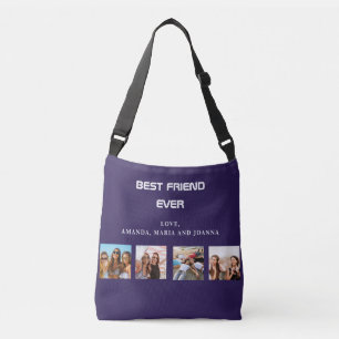 Best friends navy blue photo collage names Crossbody Bag
