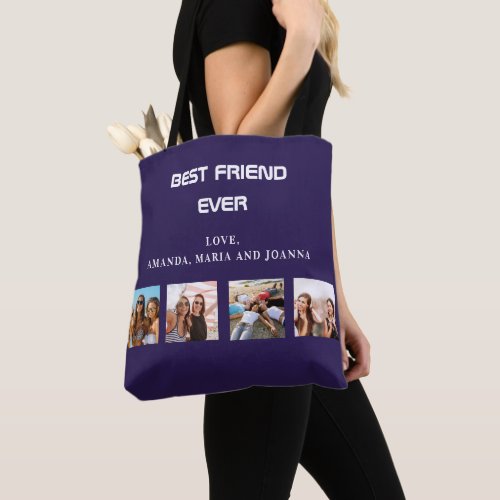 Best friends navy blue photo collage names tote bag