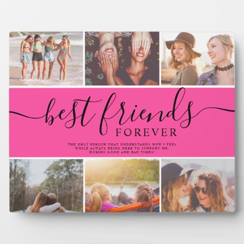 Best friends neon pink script 6 photo collage grid plaque