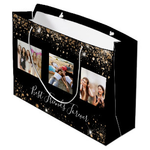 Best friends photo black gold glitter birthday large gift bag