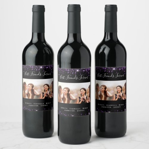 Best friends photo black purple glitter dust wine label