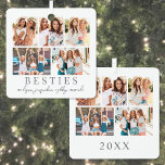 Best Friends Photo Christmas Metal Ornament<br><div class="desc">This simple and elegant boho-inspired square Christmas ornament is a sweet way to celebrate friendship during the holidays. The design features a collage layout with space for five photos on both the front and back, making it a double-sided keepsake filled with your favorite memories. "Besties" is displayed underneath the collage...</div>