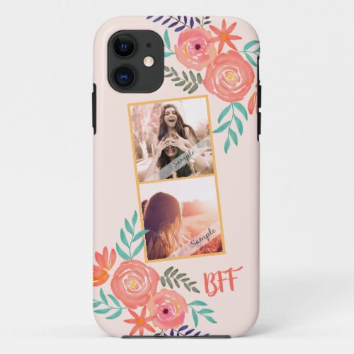 Best Friends Photo Collage Pink Watercolor Flowers iPhone 11 Case