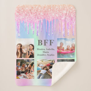 Best friends photo collage rainbow glitter pink sherpa blanket