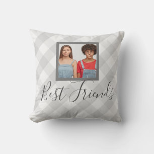 Best Friends Photo Grey Plaid Throw Pillow