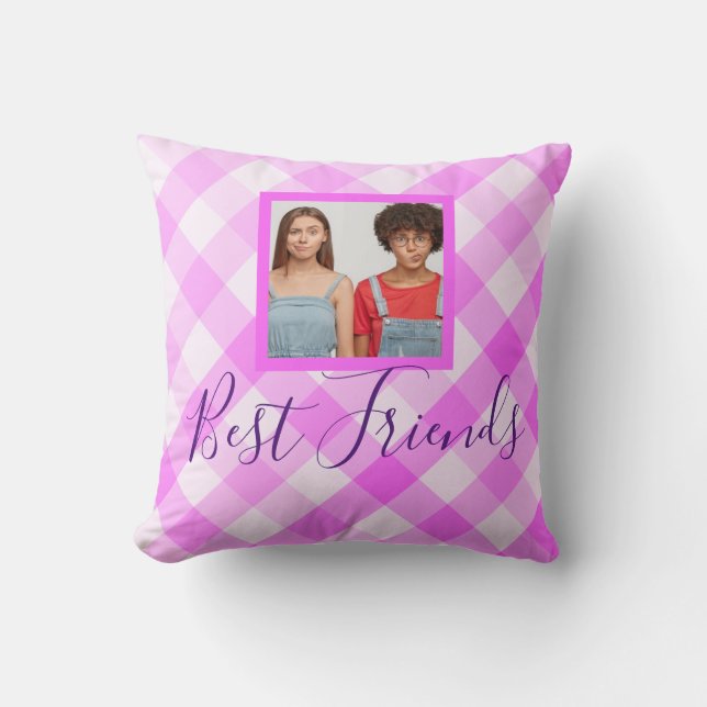 Best Friends Photo Hot Pink Plaid Throw Pillow (Front)