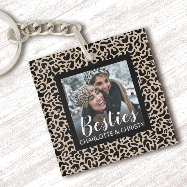 Best Friends Photo Keychain (A cute Leopard pattern Besties keychain. Personalize it with your photo and names)