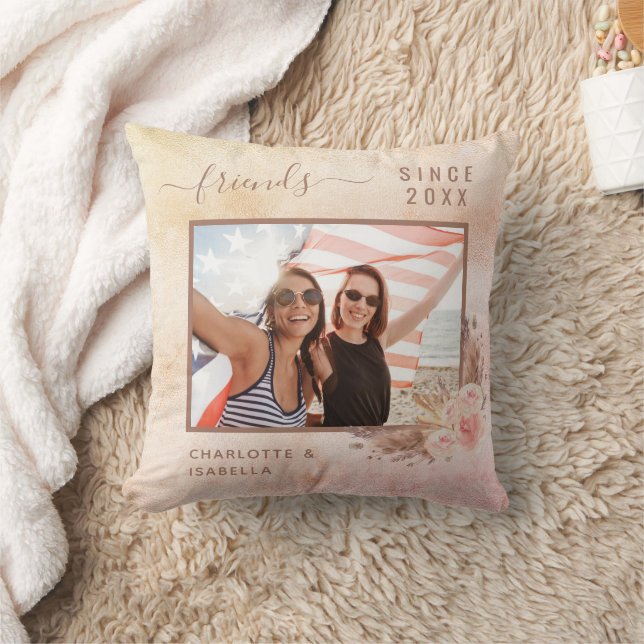 Best friends photo names pampas grass rose gold throw pillow (Blanket)