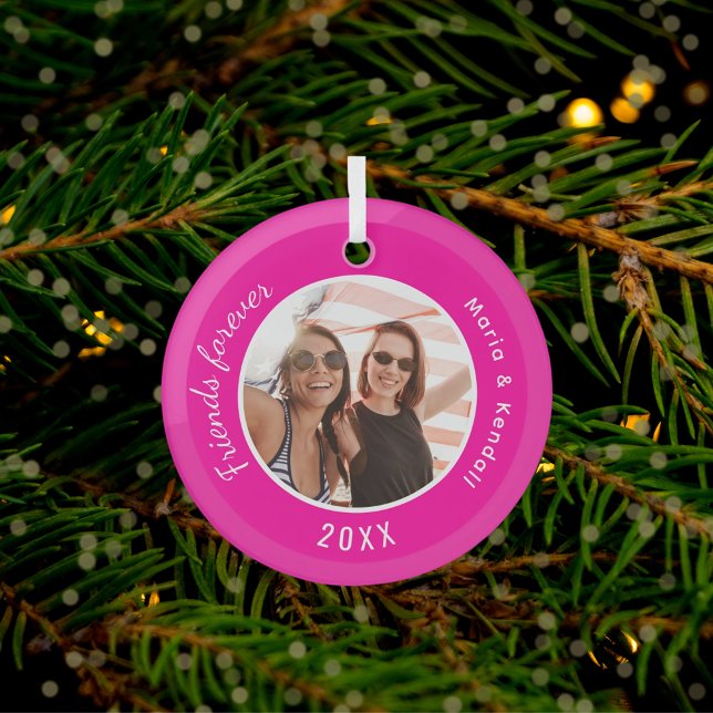 Best friends photo names pink glass ornament (Creator Uploaded)
