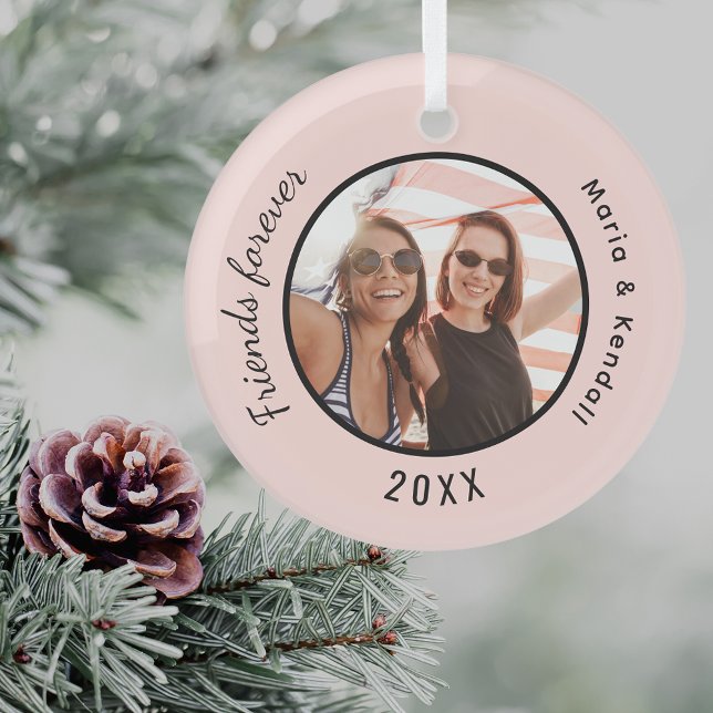 Best friends photo names rose gold blush glass ornament (Creator Uploaded)