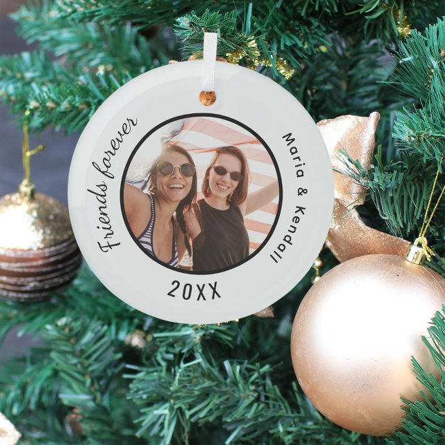 Best friends photo names white black glass ornament (Creator Uploaded)