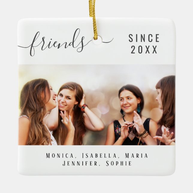 Best friends photo names white keepsake script ceramic ornament (Front)