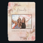 Best friends photo pampas pink floral rose gold iPad pro cover<br><div class="desc">Personalize and add your own photo. A rose gold,  blush pink gradient faux metallic looking background. A brown frame decorated with pampas grass and blush pink florals.  Add your name(s) name and a year.</div>