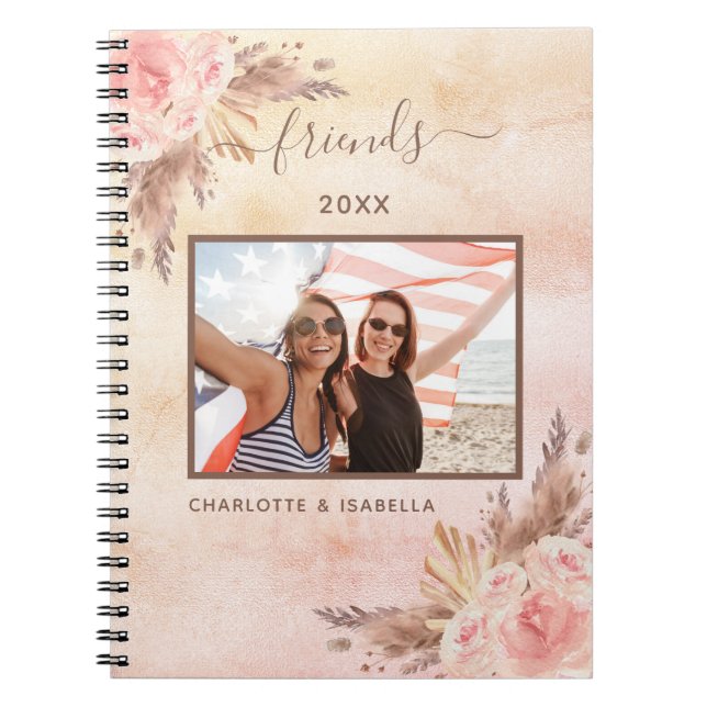 Best friends photo pampas pink floral rose gold notebook (Front)