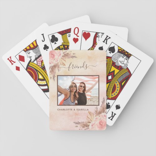 Best friends photo pampas pink floral rose gold poker cards