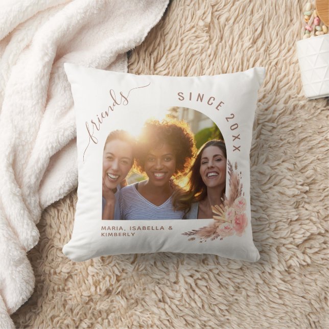  Best friends photo pampas rose gold pink floral Throw Pillow (Blanket)