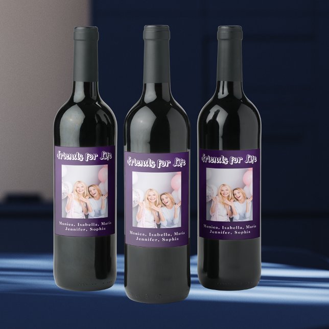 Best friends photo purple names party wine label (Creator Uploaded)