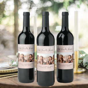 Best friends photo rose gold silver glitter wine label