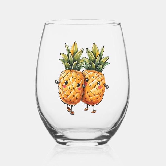 Best Friends Pineapple Kawaii Fruit Summer Stemless Wine Glass (Front)