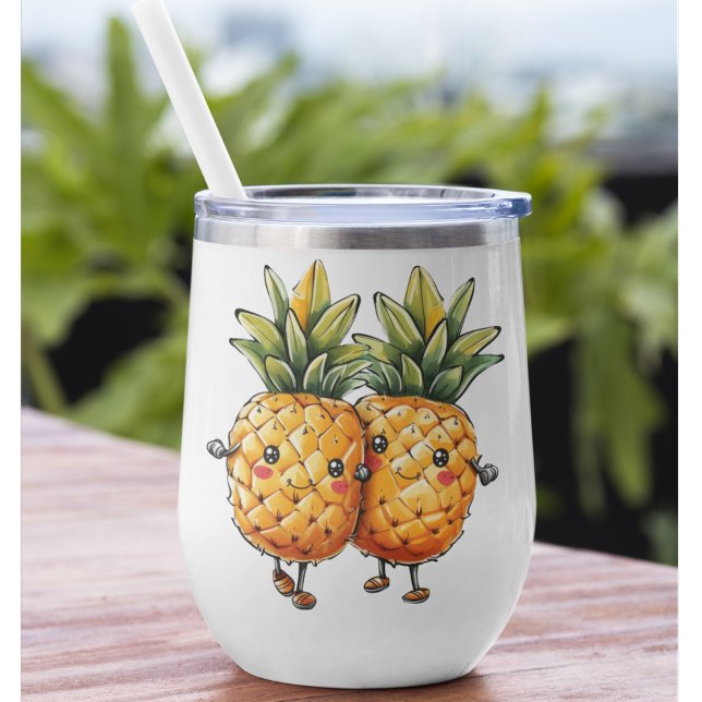 Best Friends Pineapple Kawaii Fruit Summer Thermal Wine Tumbler (Best friend pineapple thermal wine tumbler personalize the BFF names Cute Kawaii cup)