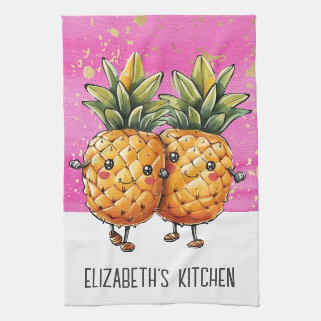 Best Friends Pineapple Kawaii Pineapple Cute Pink Kitchen Towel (Vertical)