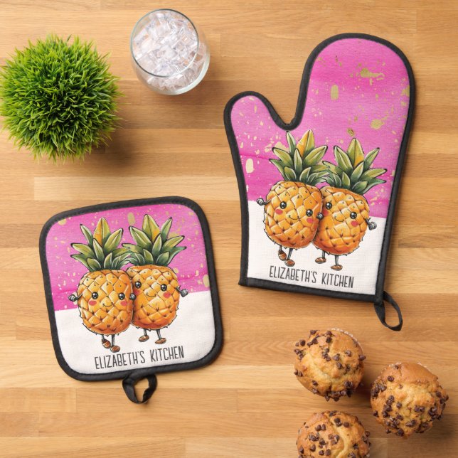 Best Friends Pineapple Kawaii Pineapple Cute Pink Oven Mitt & Pot Holder Set (Top Down)