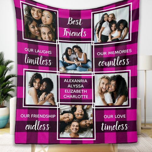 Best Friends Pink Buffalo Plaid 6 Photo Collage Fleece Blanket