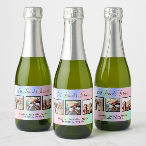 Best friends pink holographic photo birthday party sparkling wine label