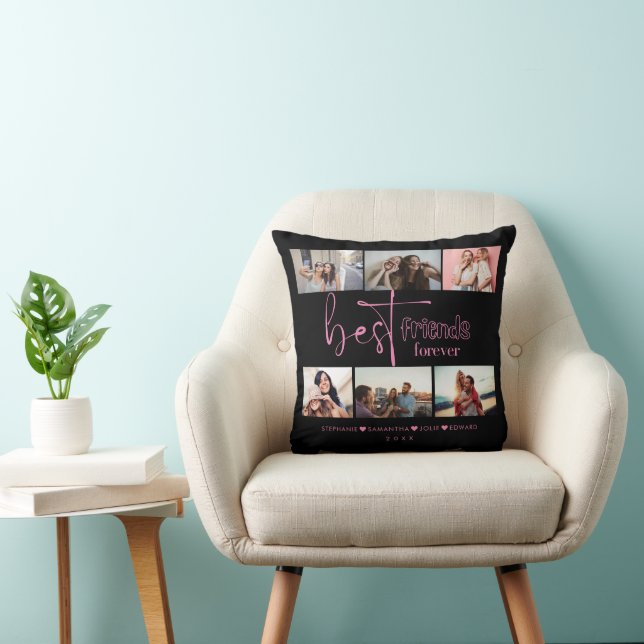 Best Friends Pink Script add 6 Photo Collage Black Throw Pillow (Chair)