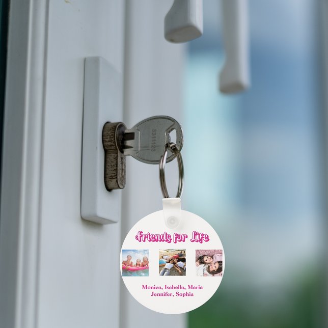 Best friends pink white script photos names keychain (Creator Uploaded)