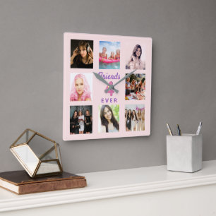Best friends rose gold blush photo collage square wall clock