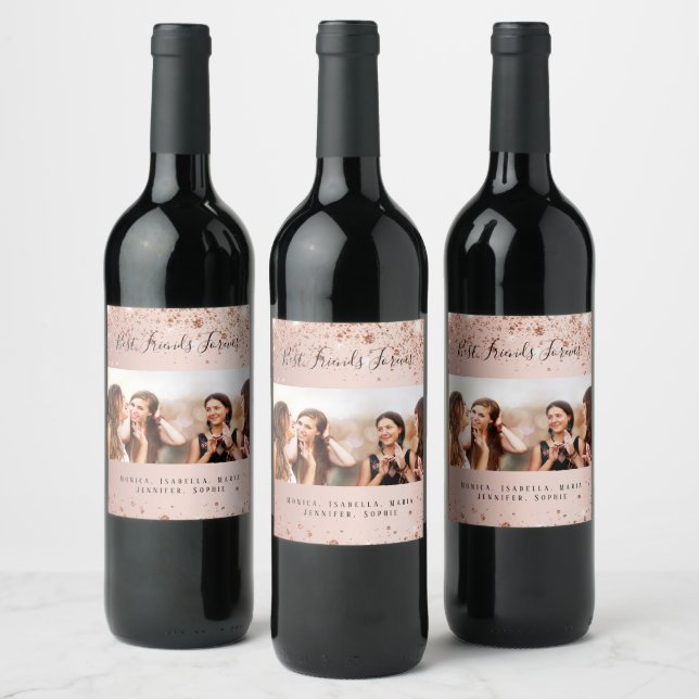 Best friends rose gold glitter photo names wine label (Bottles)