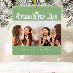 Best friends sage green white photo names ceramic ornament